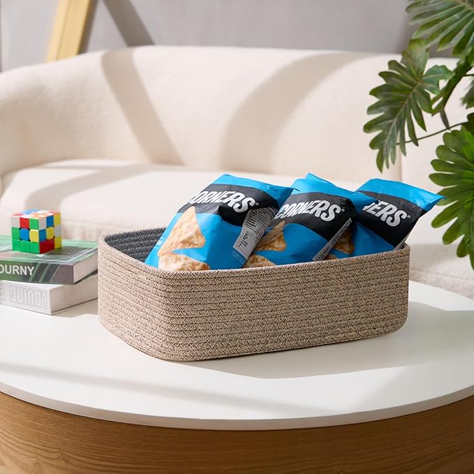MiniArk Large Shallow Organizing Baskets 15x11x5.1 Inches - Rope Woven Storage Bins for Bathroom, Shelves, Cube Closet, Mixed Brown 4 Packs