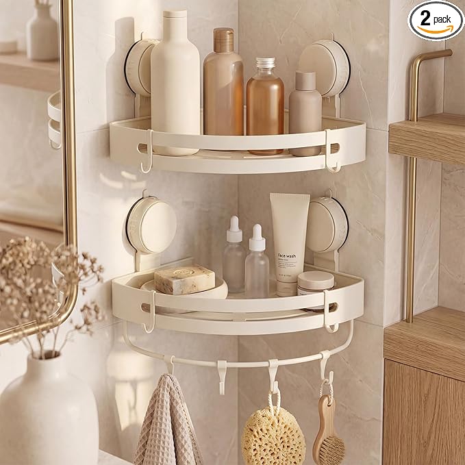 Suction Cup Shower Caddy(2-Pack Cream White),Single 1.77 Inches High No-Drilling Aluminum Bathroom Organizer with Towel Bar & Hooks,Moder wall Shower Shelf and Storage Decor
