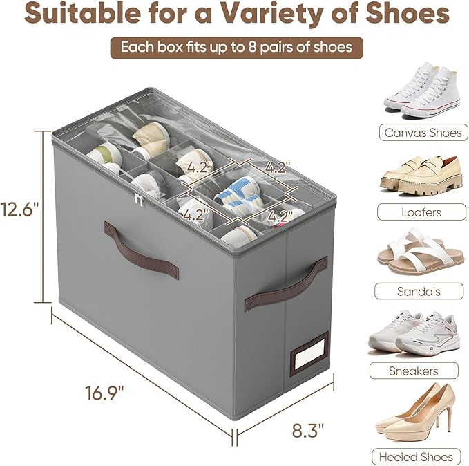 OIAHOMY 4 Pack Shoe Organizer for Closet, Foldable Shoe Storage Bins with Adjustable Dividers, Stackable Oxford Cloth Sneaker Boxes for Entryway Bedroom, Fits Up to 32 Pairs, Grey