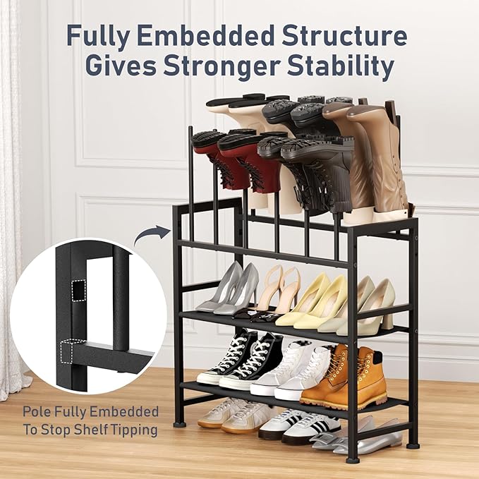 DIMJ Boot Rack 4-Tier - Black Metal Boot Storage Rack for Tall Boots Organizer Tall Boots, Multiuse Shoe Rack for Boots, Sneakers, High-Heel, Entryway, Fits 6 Pairs