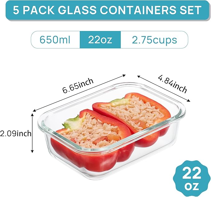 5Pack 22oz Glass Storage Containers with Lids, Pink