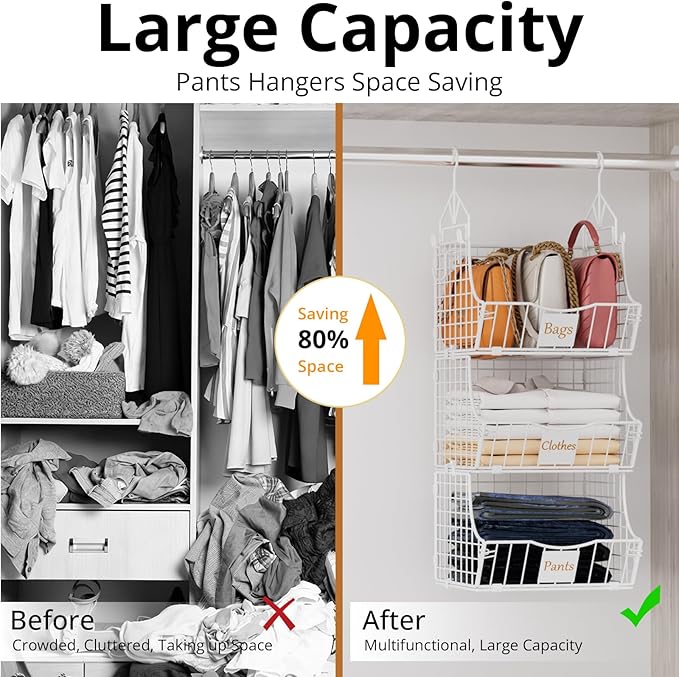 Hanging Closet Organizers and Storage, 6 Tier Closet Shelf Clothes Organizer with 2 S-Hooks, Multi-Functional Iron Wire Baskets, for Clothing, Sweaters, Handbags, Hat, Canned