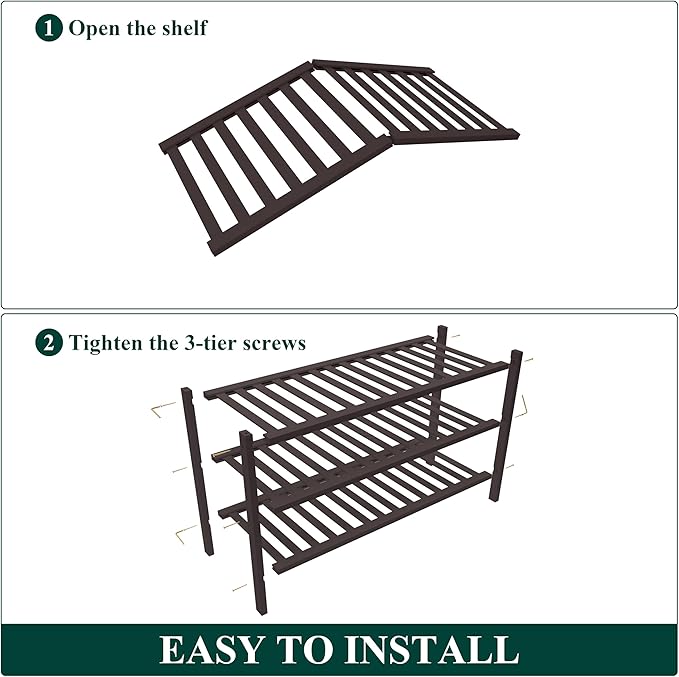 Smiry Bamboo Shoe Rack for Closet, 3 Tier Wooden Shoe Organizer, Stackable Wood Shoe Storage Shelf for Entryway, 14 Vertical Slats, One-piece Heavy-Duty Legs, 26.77"x11.02"x18.31", Brown