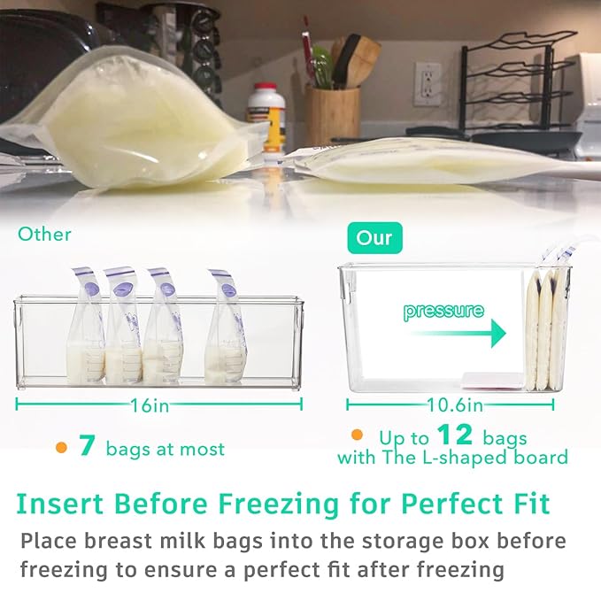 Ugotfeels Breastmilk Storage Container with L Shaped Separator Boards, Dividers Will Flatten Standing Breast Milk Bags in Organizer Bins Save Refrigerator Space | 2 Containers - Green