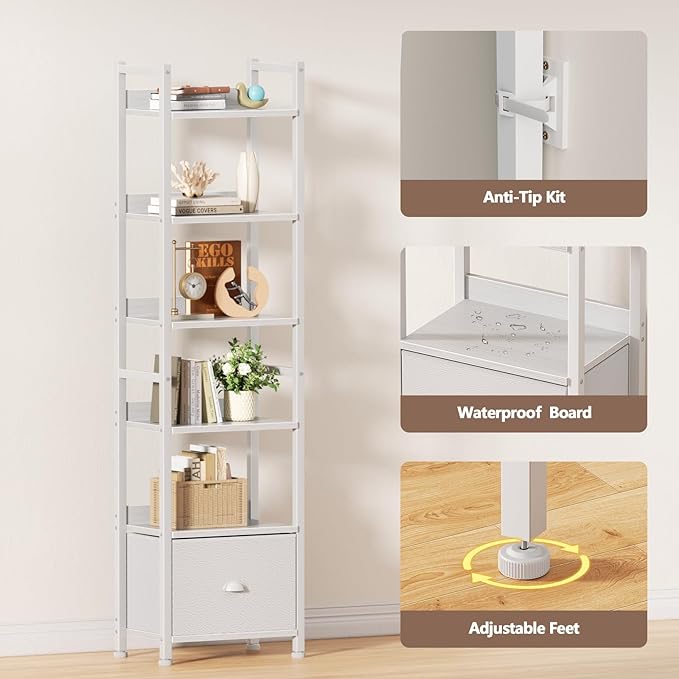 6 Tier Bookshelf, Tall Shelf with Drawer, White