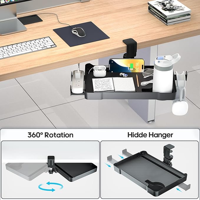 Under Desk Organizer, 360° Rotating Clamp-On Tray with Headphone Hook