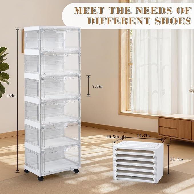 SAYMA LED Shoe Storage Box, Clear Shoe Storage Organizer with Magnetic Door, Stackable Plastic Shoe Cabinet with Wheels, Foldable Shoe Rack for Closet, Easy Assembly Shoe Cabinet for Entryway