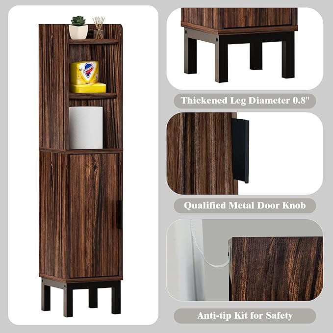 FerniTry Small Bathroom Storage Cabinet, Corner Floor Cabinet with Door and Shelves, Narrow Toilet Paper Cabinet, Bathroom Organizer with Adjustable Shelf, for Small Spaces (Walnut)