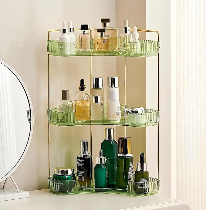 Ceruaxb 3-Tier Corner Bathroom Counter Organizer, Plastic Countertop Makeup Organizer, Large Capacity Vanity Bathroom Perfume Shelf Rack for Kitchen Office Desktop (Green)