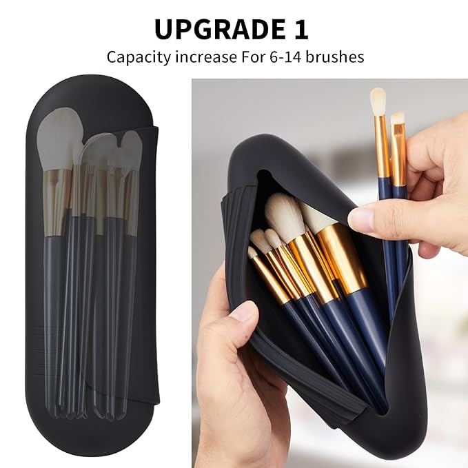 AGIKET 2 IN 1 Silicone Makeup Brush Holder with Beauty Make Up Sponge Holder Case：Soft Portable Cosmetic Face Brushes Holder with Upgrade Anti-Fall Out Magnetic Closure - Black