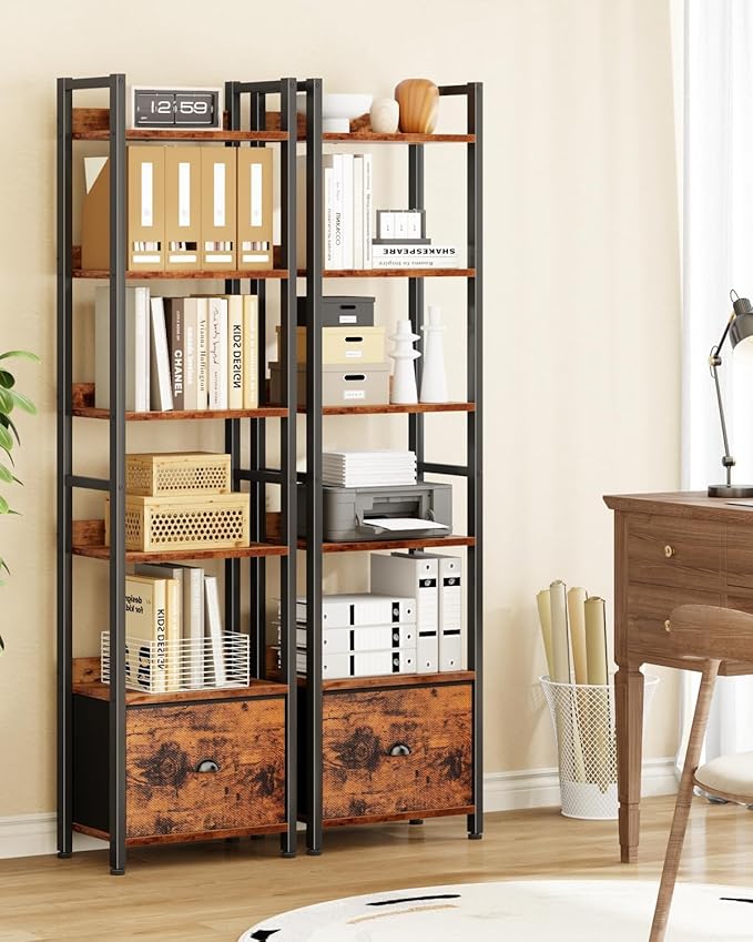 Furologee 6 Tier Bookshelf, Tall Shelf with Drawer, Wood and Metal Bookshelves Storage Organizer, Industrial Display Shelving Unit for Bedroom, Living Room, Home Office, Rustic Brown