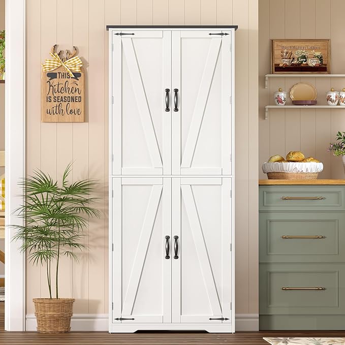 TEENFON Tall Pantry Cabinet, Kitchen Cabinet with 4 Shelves, Adjustable Shelves, Pantry Cabinets with 4 Barn Doors, Tall Kitchen Cabinets for Dining Room, Living Room, White