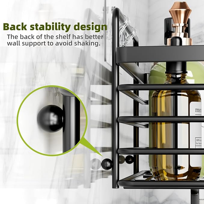 Yougai Shower Caddy, Shower Organizer with Soap Holder and Hooks, Rustproof Shower Shelves, No Drilling Bathroom Organizers and Storage, Wall-Mounted Kitchen & Home Decor (Black)