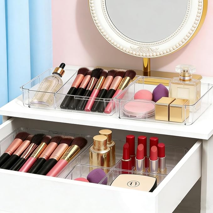 27 PCS Clear Drawer Organizer Set, 4 Sizes Desk Drawer Storage Bins, Divider Trays for Makeup, Vanity, Bathroom, Kitchen, Office