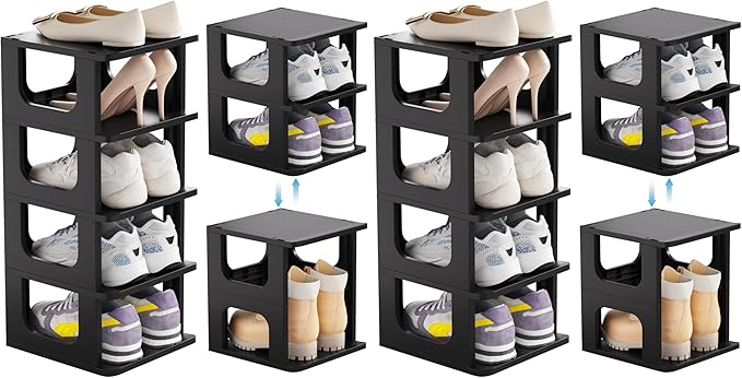 HAIXIN Shoe Organizer Rack for Small Spaces 5 Tier Plastic Vertical Narrow Shelves for Closet Black Shoe Holder, Stand for Entryway Storage Boots Organizer Stackable Cabinet (Pack of 2)