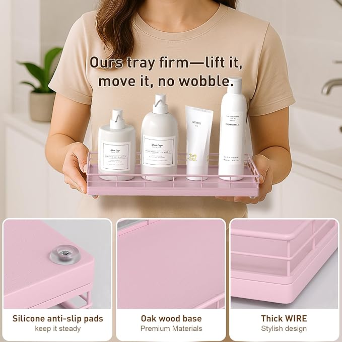 Toilet Paper Basket Organizer, Oak Wood Toilet Tank Tray with Metal Frame, Pink