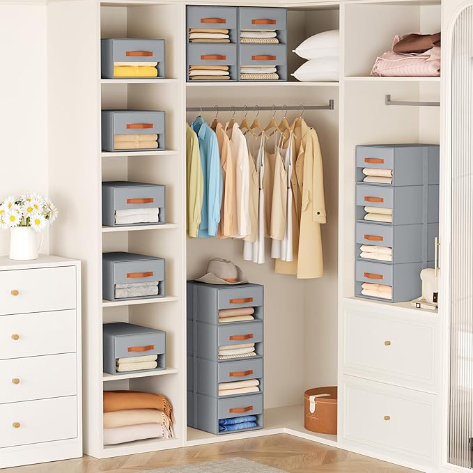 DIMJ Closet Organizers and Storage - Pull-out Fabric Bins with Drawers for Closet Foldable Clothes Organizers with Clear Window, Stackable Storage Drawers for Bedroom,Living Room,Shelf,6-Pack, Grey