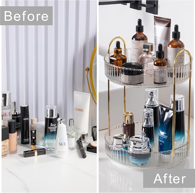 360° Rotating Makeup Organizer, 2 Tiers, Clear