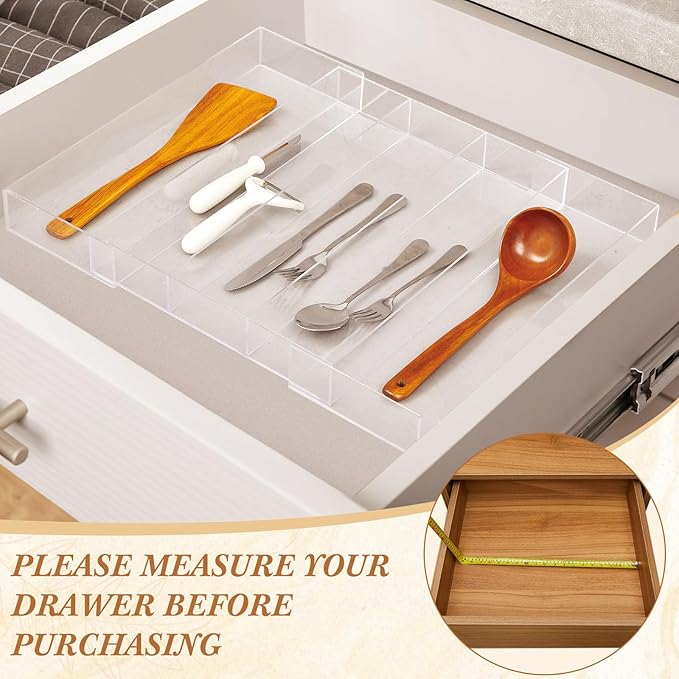 Teenyyou 1 Pack Expandable Kitchen Drawer Organizer Clear Acrylic Utensil Organizer Adjustable Acrylic Silverware Storage for Drawers Silverware Flatware Knives (12 x 16 Inches,3-5 Compartments)