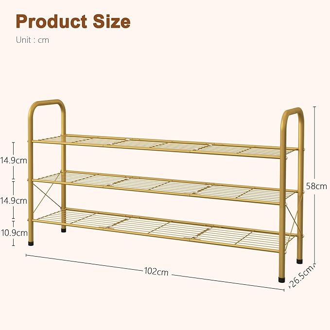 Hoctieon 3 Tier Mesh Style Shoe Rack, Entryway Shoe Shelf, Shoe Storage Organizer, Shoe Rack for Closet, Space Save for Bathroom, Garage, Hallway, Bedroom, Living Room, Gold