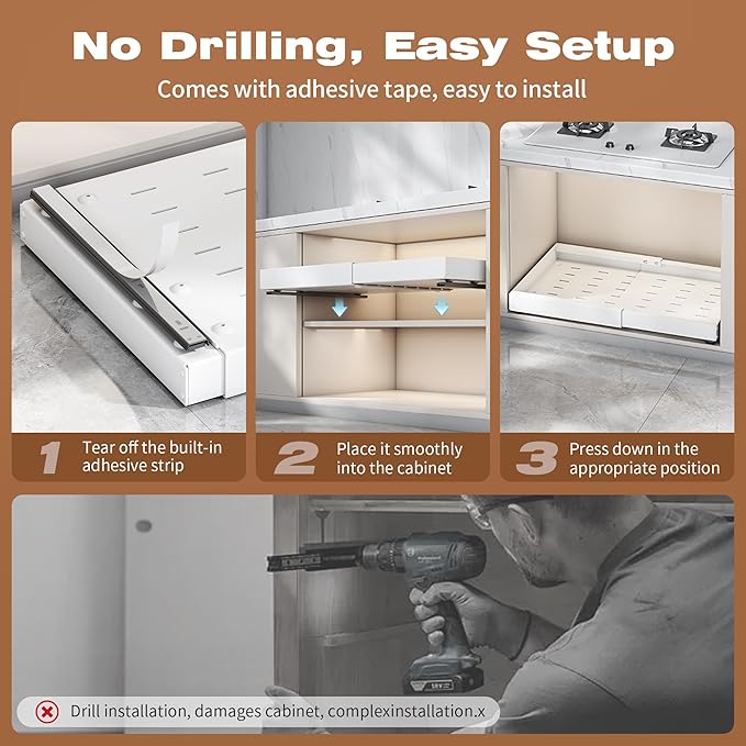 2 Pack Pull Out Cabinet Organizer Expandable,Adjustable 12-21 Inch Width Slide Out Drawer Shelves,Painted Carbon Steel with Heightening Pad,No Drill,for Kitchen/Bathroom/Pantry/Under Sink/Laundry Room