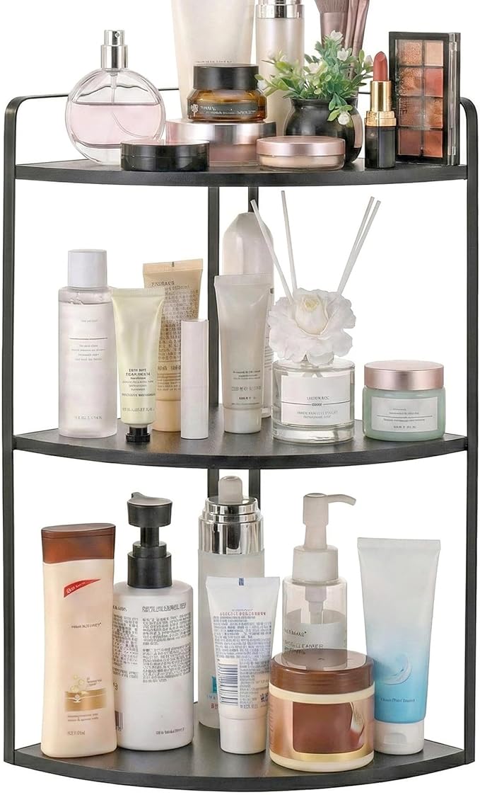 3 Tier Corner Bathroom Counter Organizer, Countertop Organizer, Makeup Organizer Countertop, Bathroom Storage Sink Shelf, Wooden and Metal Counter Shelf (Large Capacity-Black)