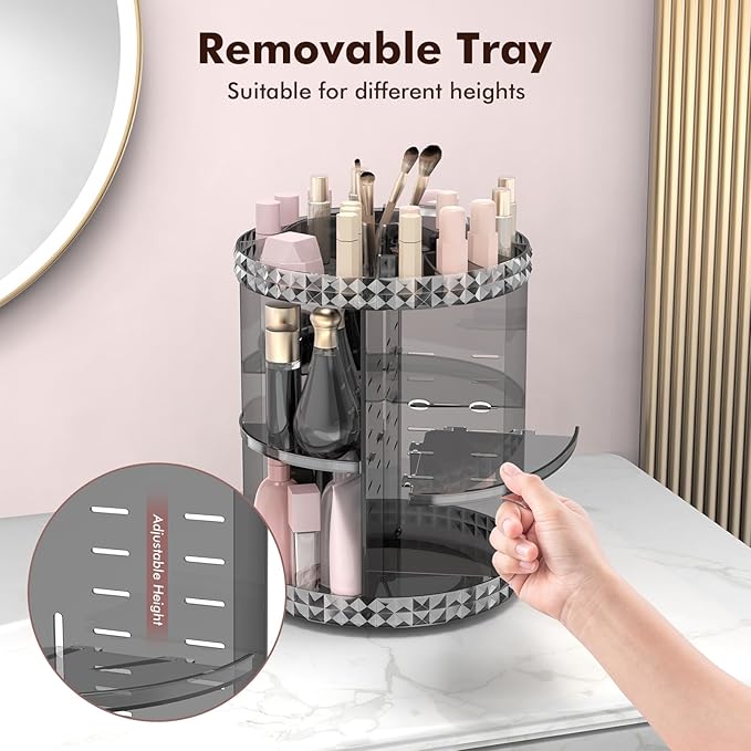 Rotating Makeup Organizer, 360° Spinning Skincare Organizers, Gray