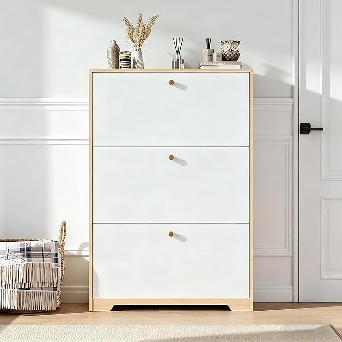 Nicetree Shoe Cabinet with 3 Flip Drawers，Freestanding Shoe Storage Cabinet, Narrow Shoe Organizer Cabinet, Farmhouse Slim Shoe Rack Cabinet for Entryway,Natural Oak and White with Hook