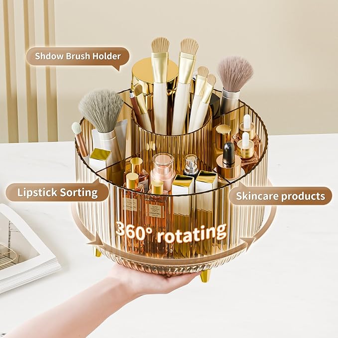 Fanado 360° Rotate Makeup Brush Holder Organizer, Clear Amber