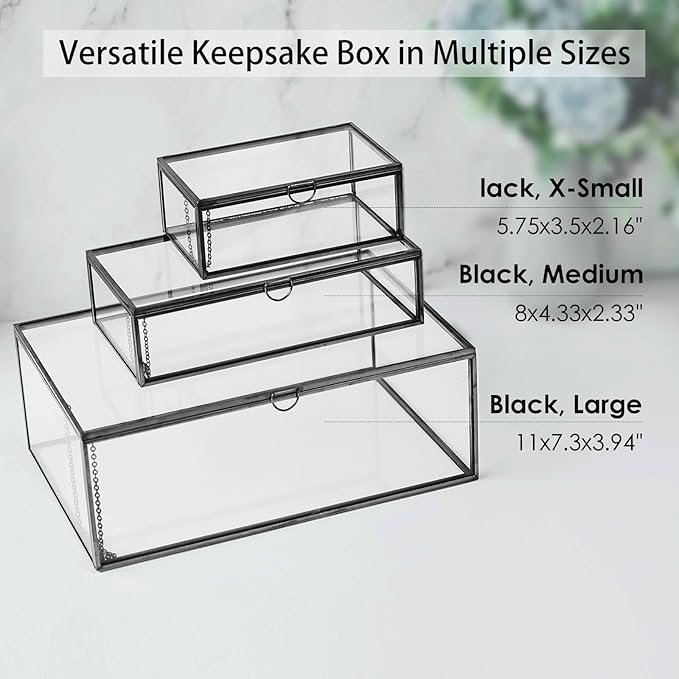 HighFree Vintage Glass Box with Lid - Clear Jewelry Glass Display Box Keepsake Box - Home Decor Decorative Box for Trinket Rings Bracelet (Black, Medium)