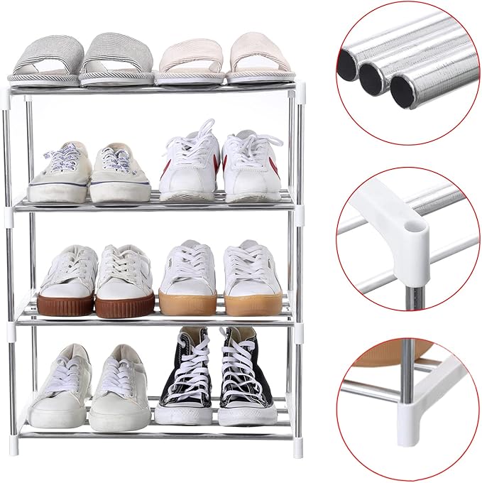 Jucaifu Stackable Small Shoe Rack, Entryway, Hallway and Closet Space Saving Storage and Organization (4-Tier, White)
