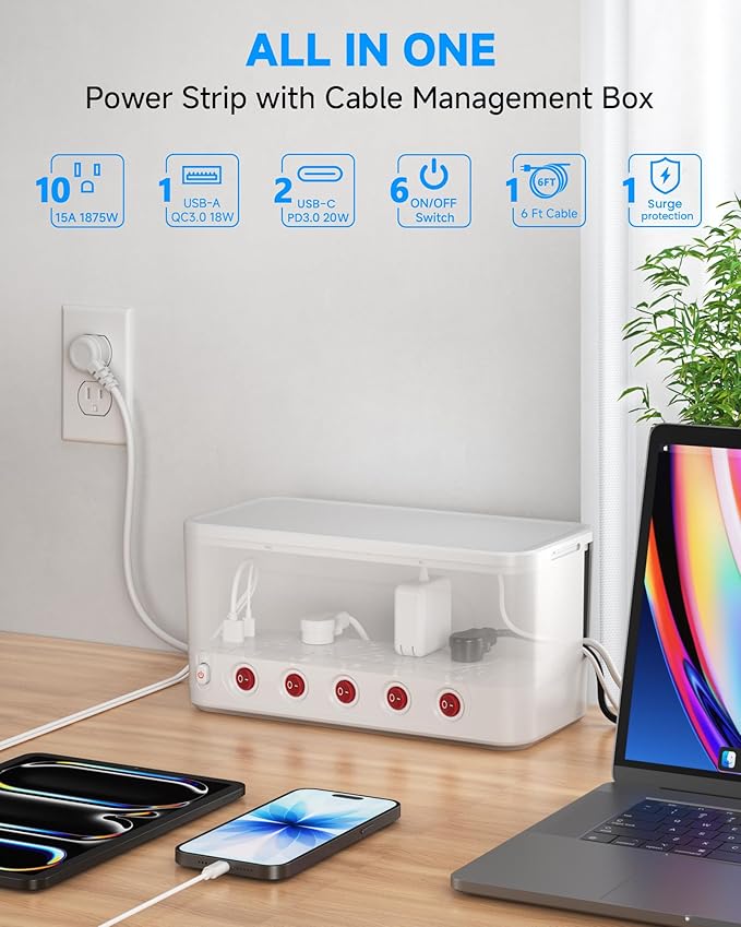 Surge Protector Power Strip with Cable Management Box