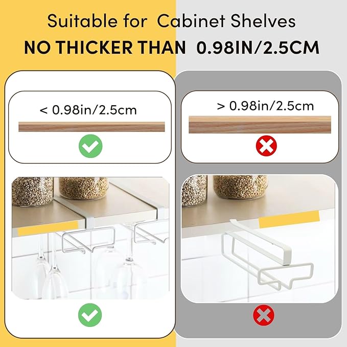LINFIDITE 2 Pack Wine Glass Holder Stemware Rack Hanger Under Cabinet Wine Glass Rack Kitchen Hanging Storage Rack Organizer,White(For Partition Thickness under 0.98")