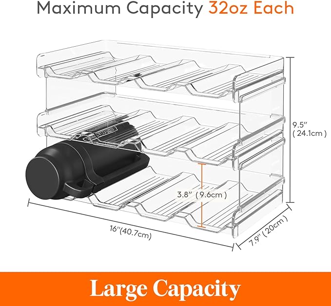 Lifewit Stackable Water Bottle Organizer for Cabinet, Plastic Bottle Holder Fits Bottles/Tumblers up to 3.8" Diameter for Pantry/Countertop, 3 Tier Holds14 Bottles 41 x 20 x 24 cm/16 x 8 x 9.5