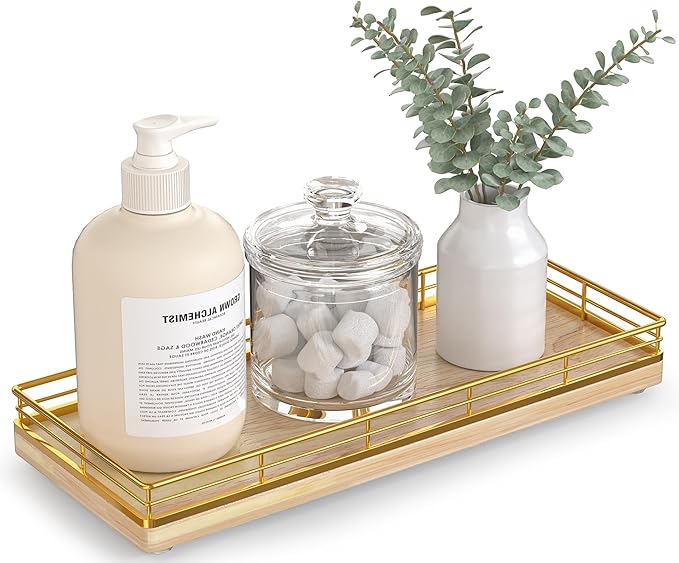 Bathroom Tray for Counter Top Organizer, Gold & Oak Decorative Storage