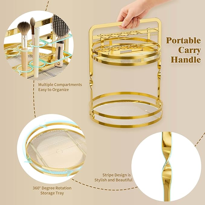 360° Rotating Makeup Organizer, 2-Tier Gold Perfume Organizer for Dresser, Bathroom Organizer Countertop, Lazy Susan Spinning Perfume Stand Vanity Skincare Storage with Makeup Brush Holder