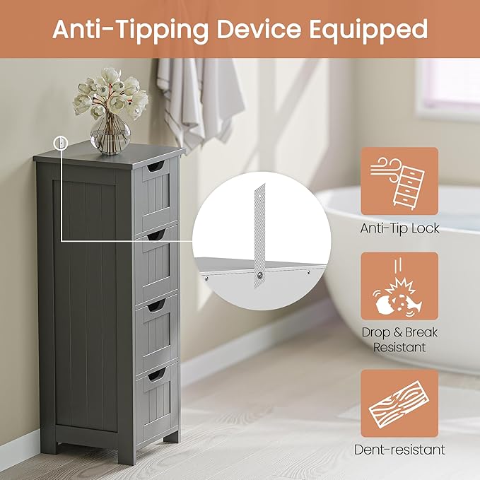 Bathroom Floor Storage Cabinet, Freestanding Wooden Side Organizer w/4 Drawers & Anti-Tip Kit for Bathroom Living Room Hallway Office Study, Grey