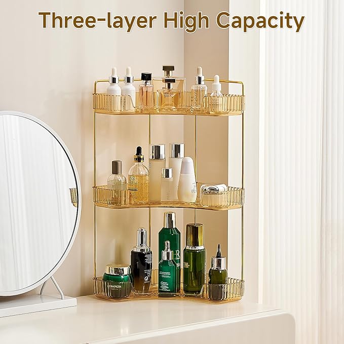 Ceruaxb 3-Tier Corner Bathroom Counter Organizer, Plastic Countertop Makeup Organizer, Large Capacity Vanity Bathroom Perfume Shelf Rack for Kitchen Office Desktop (Amber)