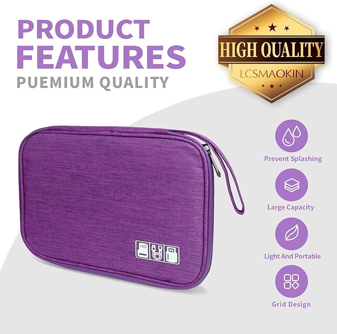 Lcsmaokin Electronics Travel Organizer,Portable Waterproof Electronic Travel Storage Bag for Small Charging Cord Storage,Charger,Small Electronics,SD Card etc,for Travel,Business -Purple