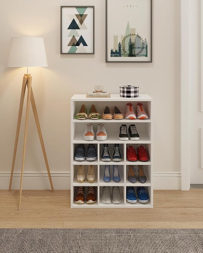HAIOOU Shoe Cubby, 9-Cube Stackable Wood Shoe Rack Organizer 5-Tier Freestanding Wooden Shoe Stand with 2 Storage Shelf for 10-15 Pairs, Ideal for Apartment, Entryway, Closet Organization - White