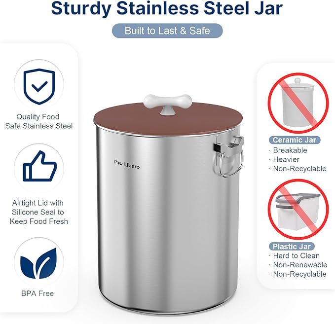 Paw Libero 25 Lbs Stainless Steel Dog Food Storage Container with Airtight Lid & Ceramic Bone Handle, Large Metal Dog Food Bin for Dogs & Cats, Keep Fresh, Easy to Clean