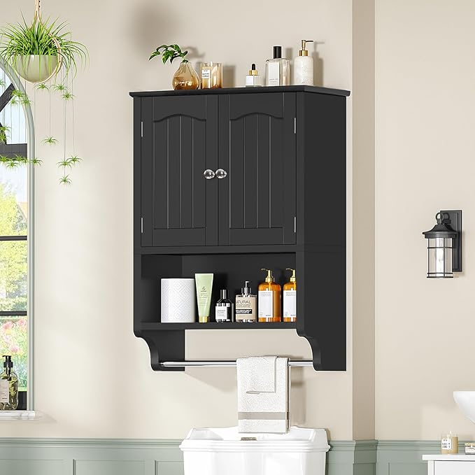 TEENFON Medicine Cabinet with Adjustable Shelves and Towel Rack, Bathroom Wall Mounted Cabinet Over the Toilet Storage for Bathroom, Living Room, 7.09" D x 15.35" W x 22.04" H, Black