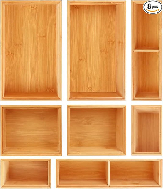 Bamboo Drawer Organizer Set, 8 PCS Multi-Use Wood Drawer Storage Boxes
