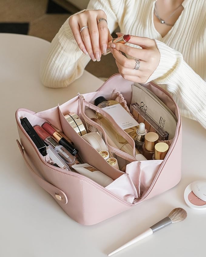 EACHY Travel Makeup Bag, Large Capacity Cosmetic Bag for Women, Waterproof PU Leather, Flat Open Portable Toiletry Bag for Skincare