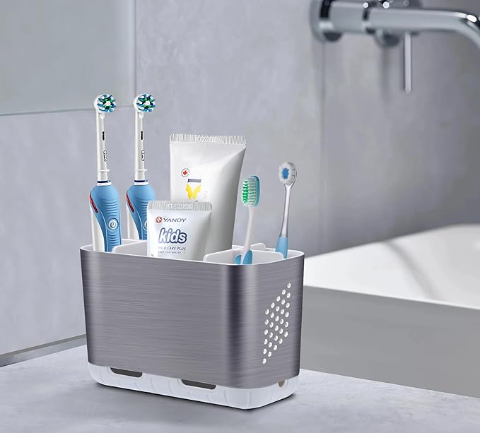 Toothbrush Holders for Bathroom Organizer Countertop, Detachable Anti-Slip Large Electric Toothbrush Holders, Brushed Nickel Toothbrush and Toothpaste Storage Caddy Drainage for Family, Kids