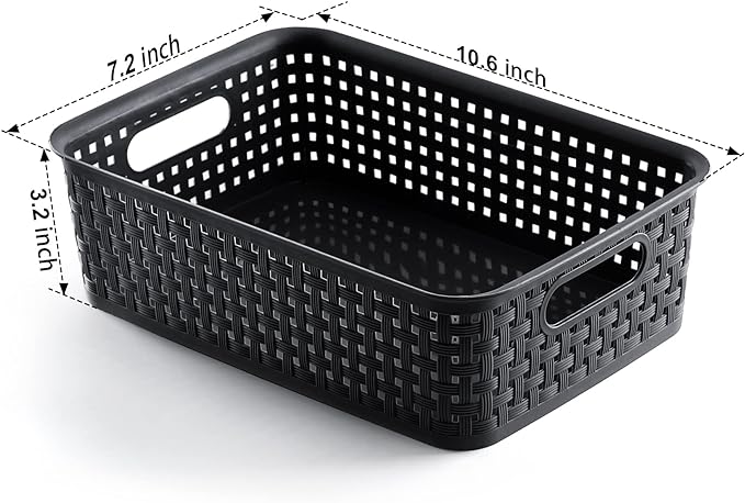 [ 8 Pack ] Plastic Storage Baskets, Small Pantry Organization and Storage Bins, Household Organizers for Laundry Room, Bathrooms, Kitchens, Cabinets, Countertops, Under Sink or Shelves, Black