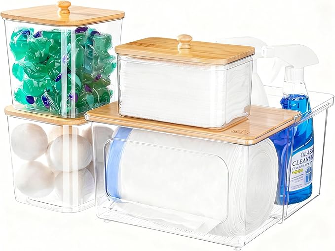 iCASA Trash Bag Dispenser Dishwasher Pod Holder - 5 in 1 Plastic Garbage Bag Under Sink Organizer, Acrylic Dryer Sheet Balls Laundry Pods Container with Bamboo Lid, Pantry Organizers and Storage Box