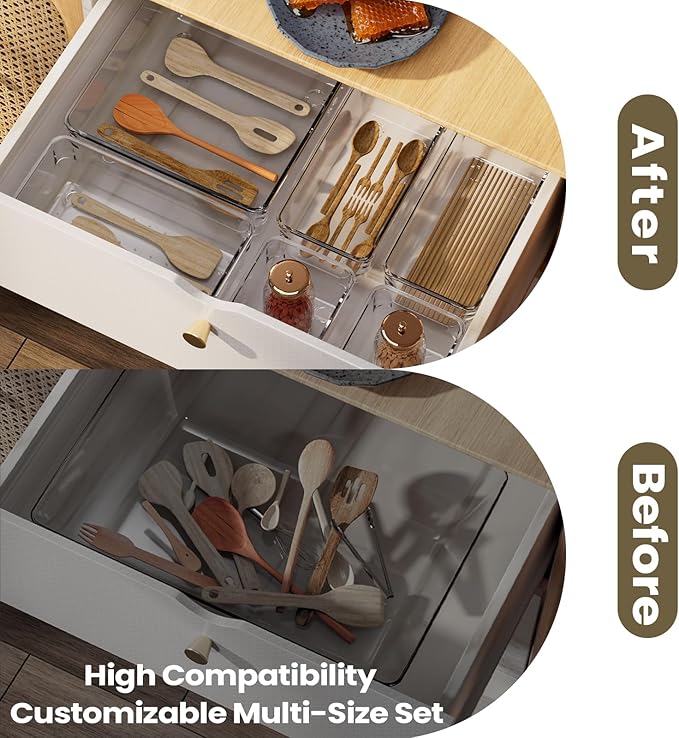 21 PCS Clear Plastic Drawer Organizer Set with 15 Inch Extra Long Bins, 5 Sizes Acrylic Makeup Organizer and Storage Trays, Non Slip Dividers for Vanity, Kitchen and Office