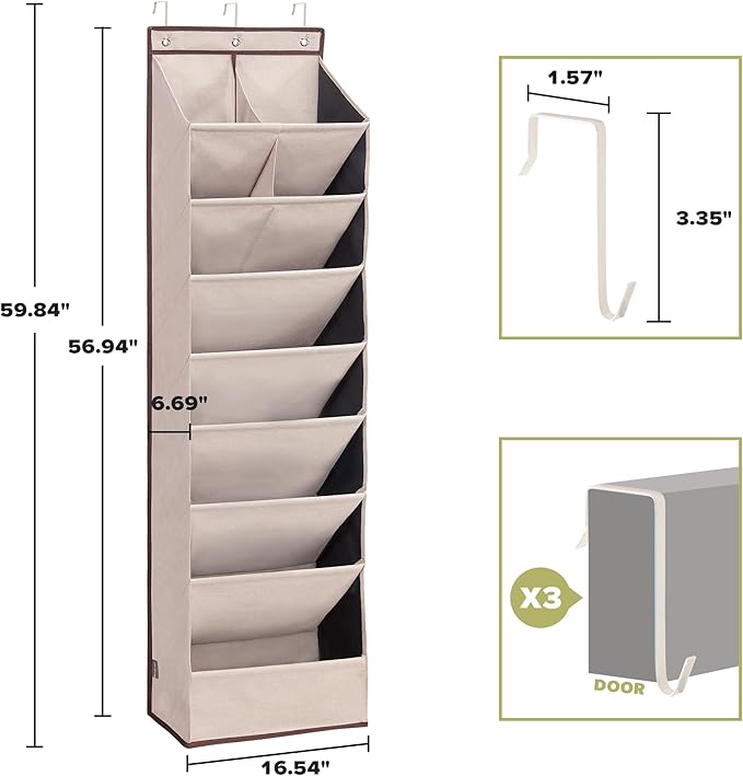 6 Pack Shoe Organizer with 6 Extra Large Pockets and 4 Large Pocket, Over the Door Sturdy Closet Storage Rack, Hanging Shoe Organizer for Shoes, Sneakers, Beige