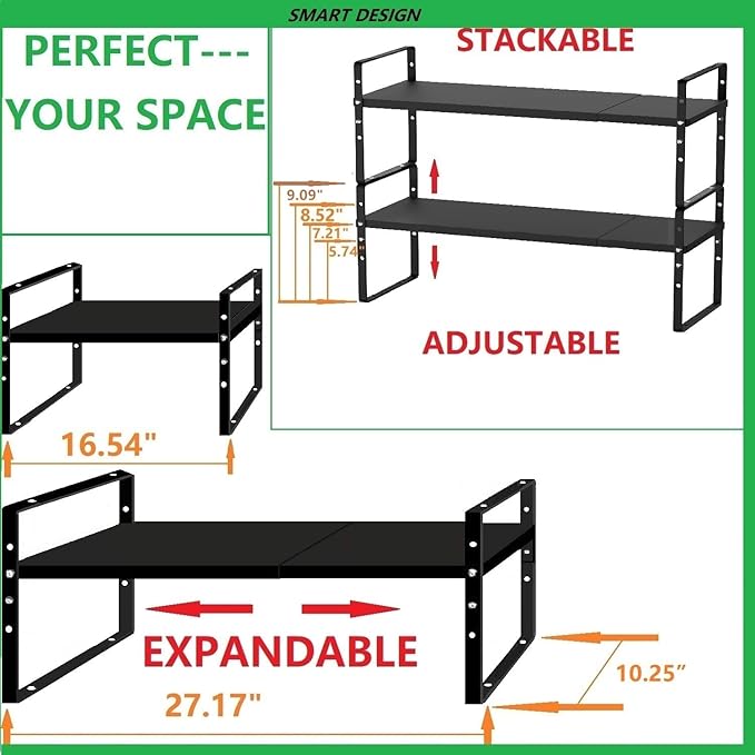 Jojocross Expandable Stackable Spice Rack Cabinet Shelf Organizer in Cabinets Shelves Kitchen Cupboard Organization Stack up Racks Pantry Countertop Storage Large/Black 2 Packs